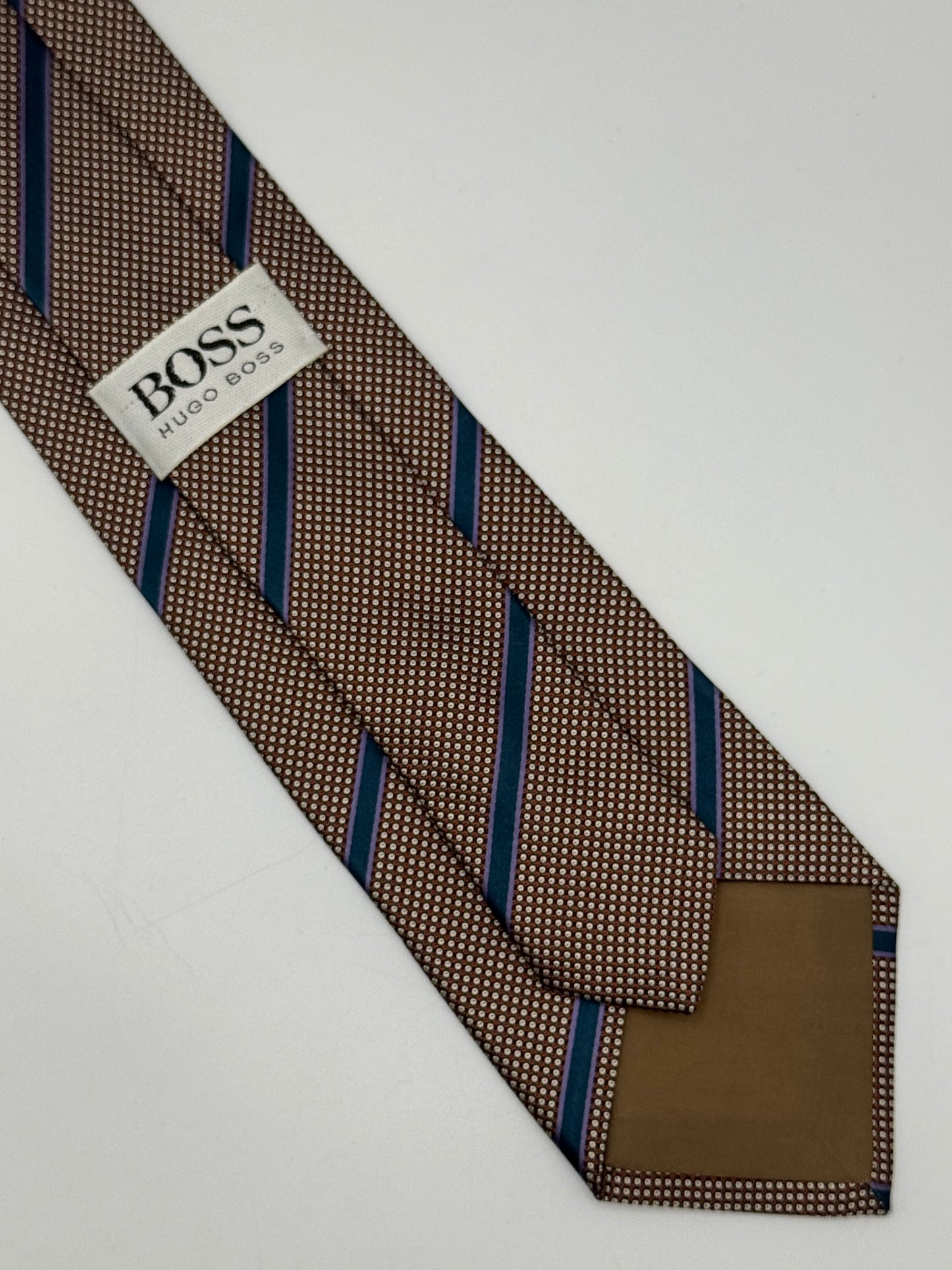 Brown Grenadine silk tie blue stripes