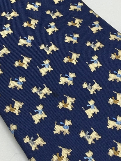 Dark blue small dog pattern silk tie