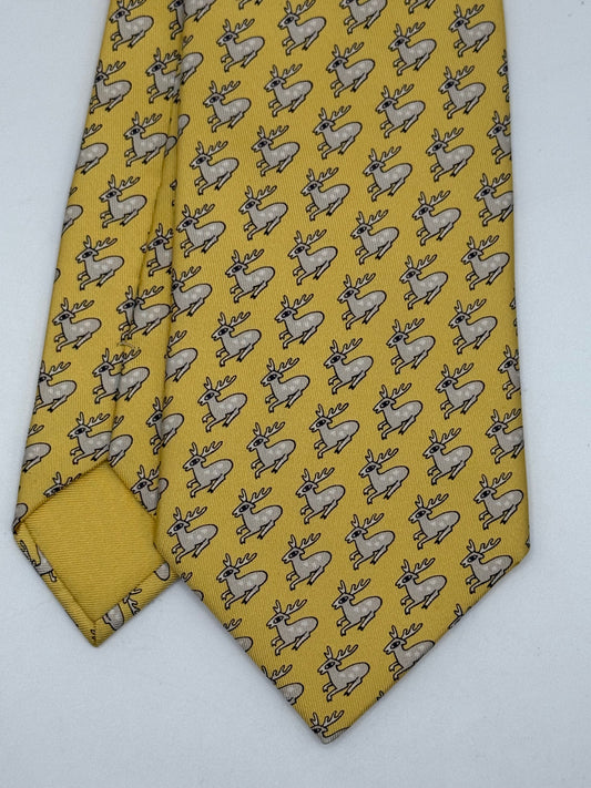Yellow twill silk tie whit small deer pattern