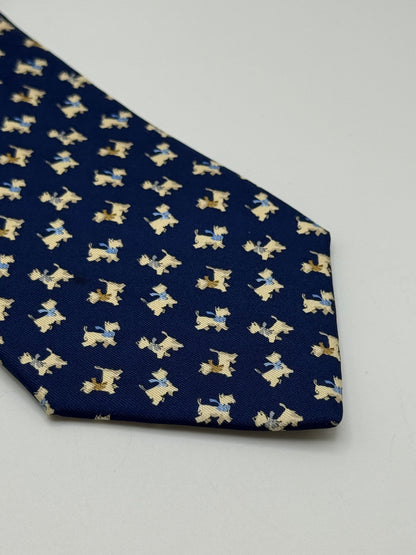 Dark blue small dog pattern silk tie