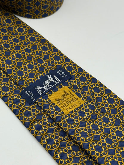 Dark blue twill silk tie geometric pattern