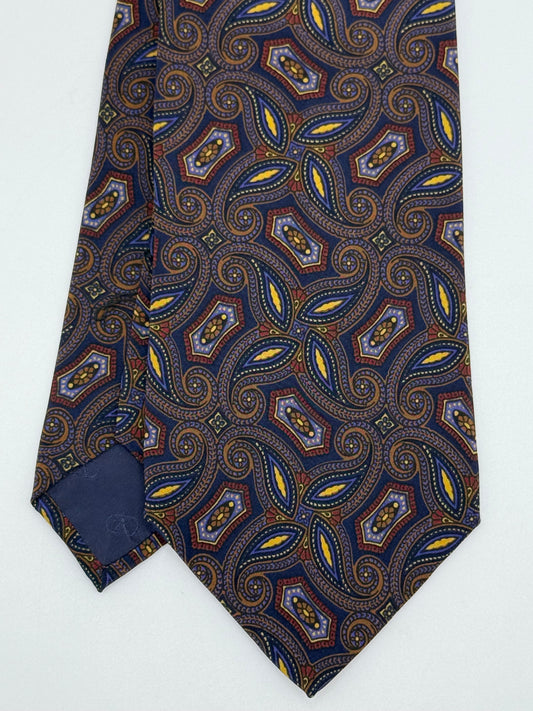 Dark blue silk tie whit geometric and cashmere pattern