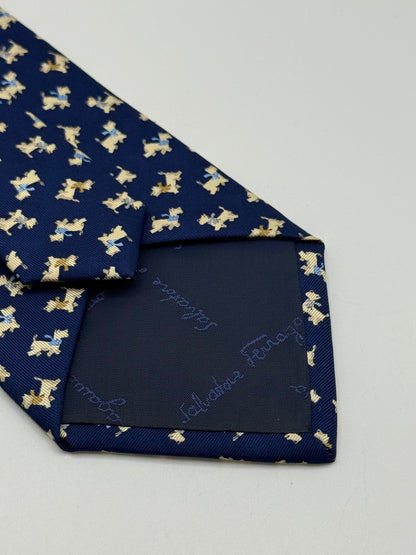 Dark blue small dog pattern silk tie