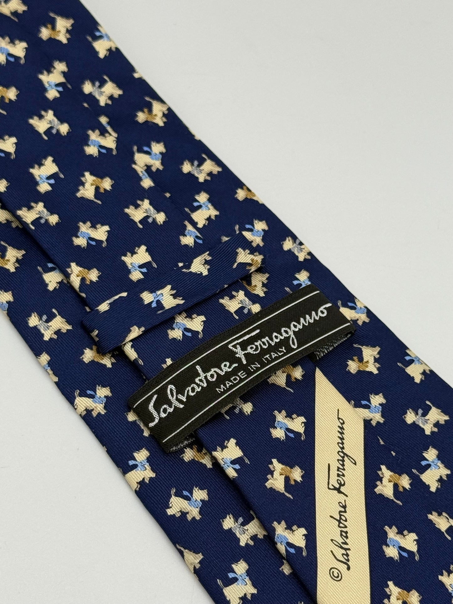 Dark blue small dog pattern silk tie