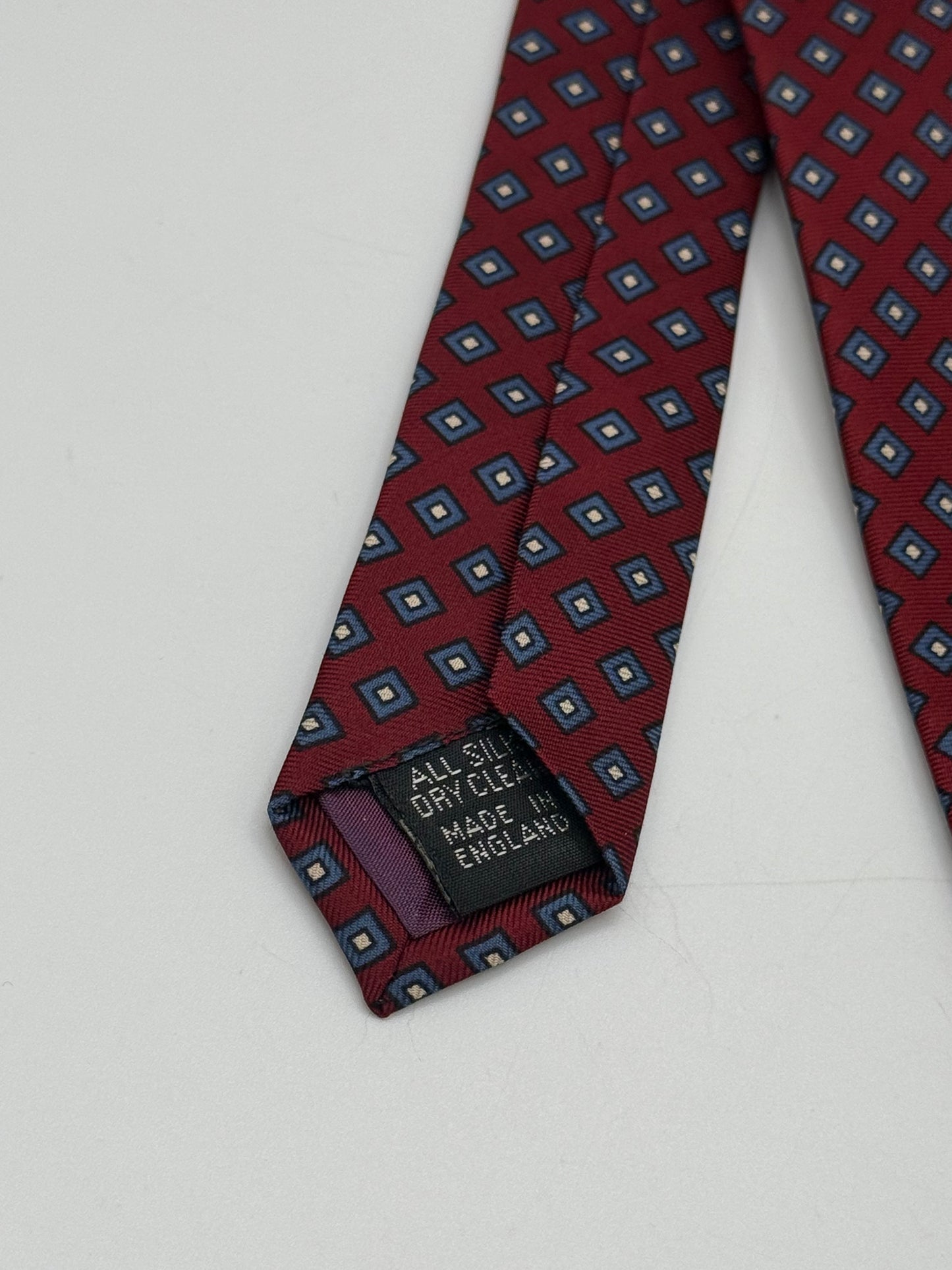 Burgundy silk tie small geometric pattern