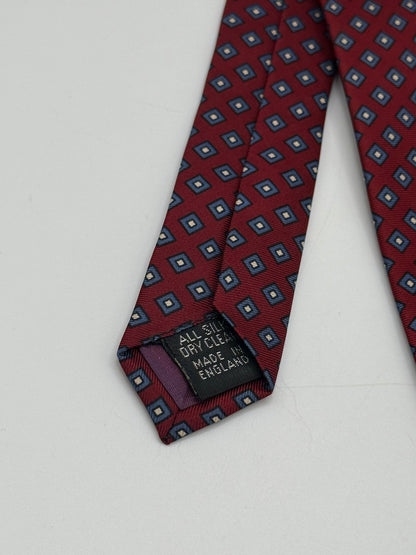 Burgundy silk tie small geometric pattern