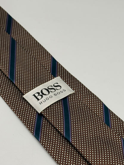 Brown Grenadine silk tie blue stripes