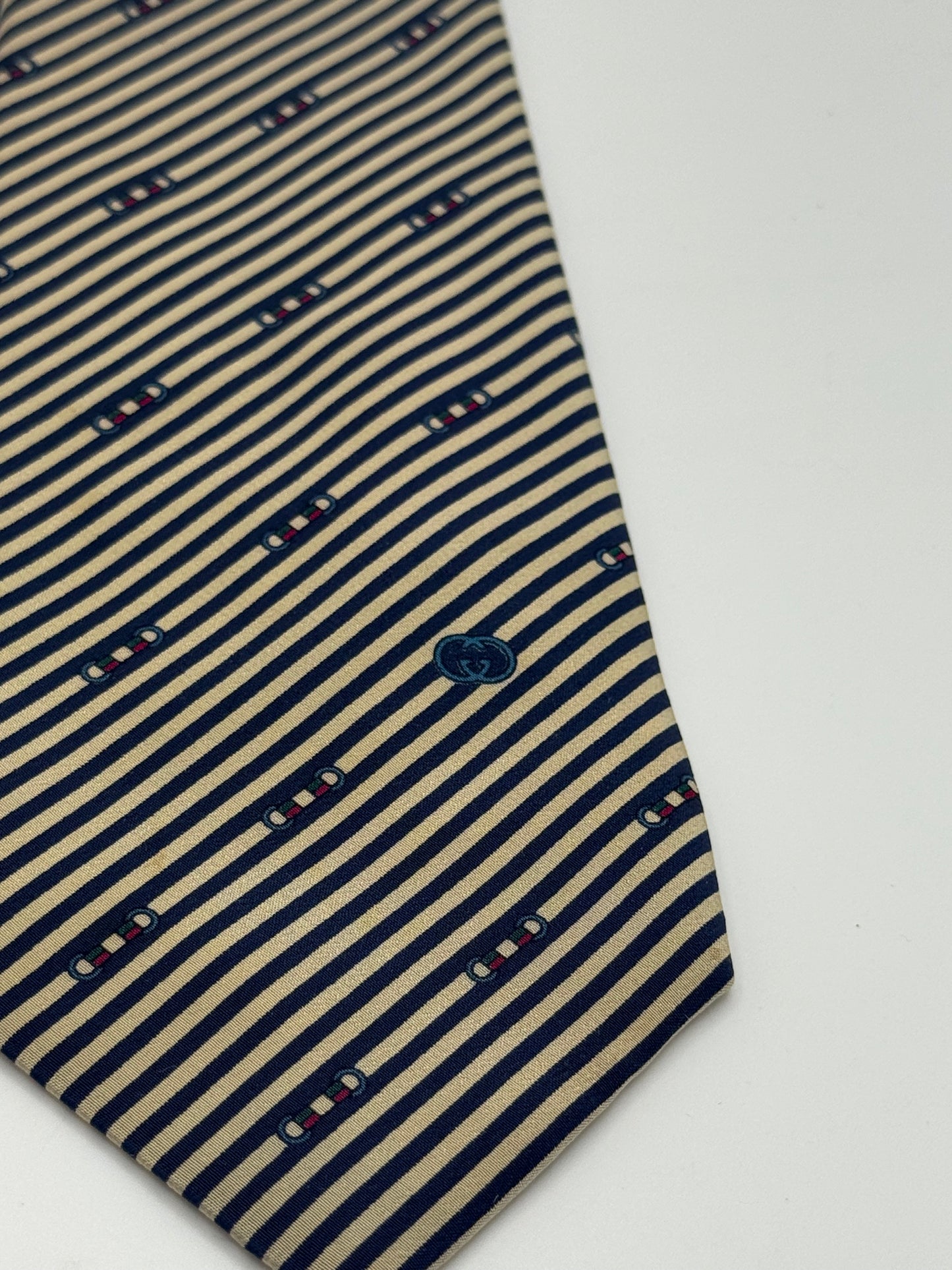 Cream and dark blue stripes silk tie