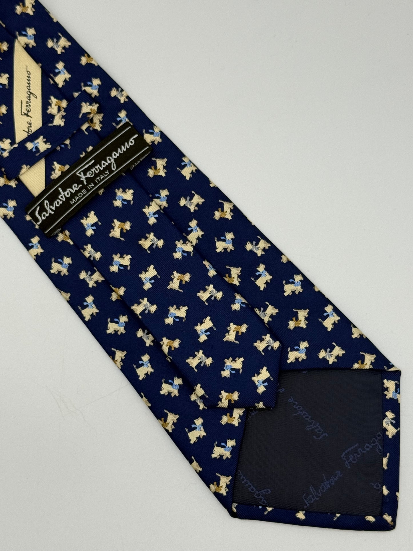 Dark blue small dog pattern silk tie