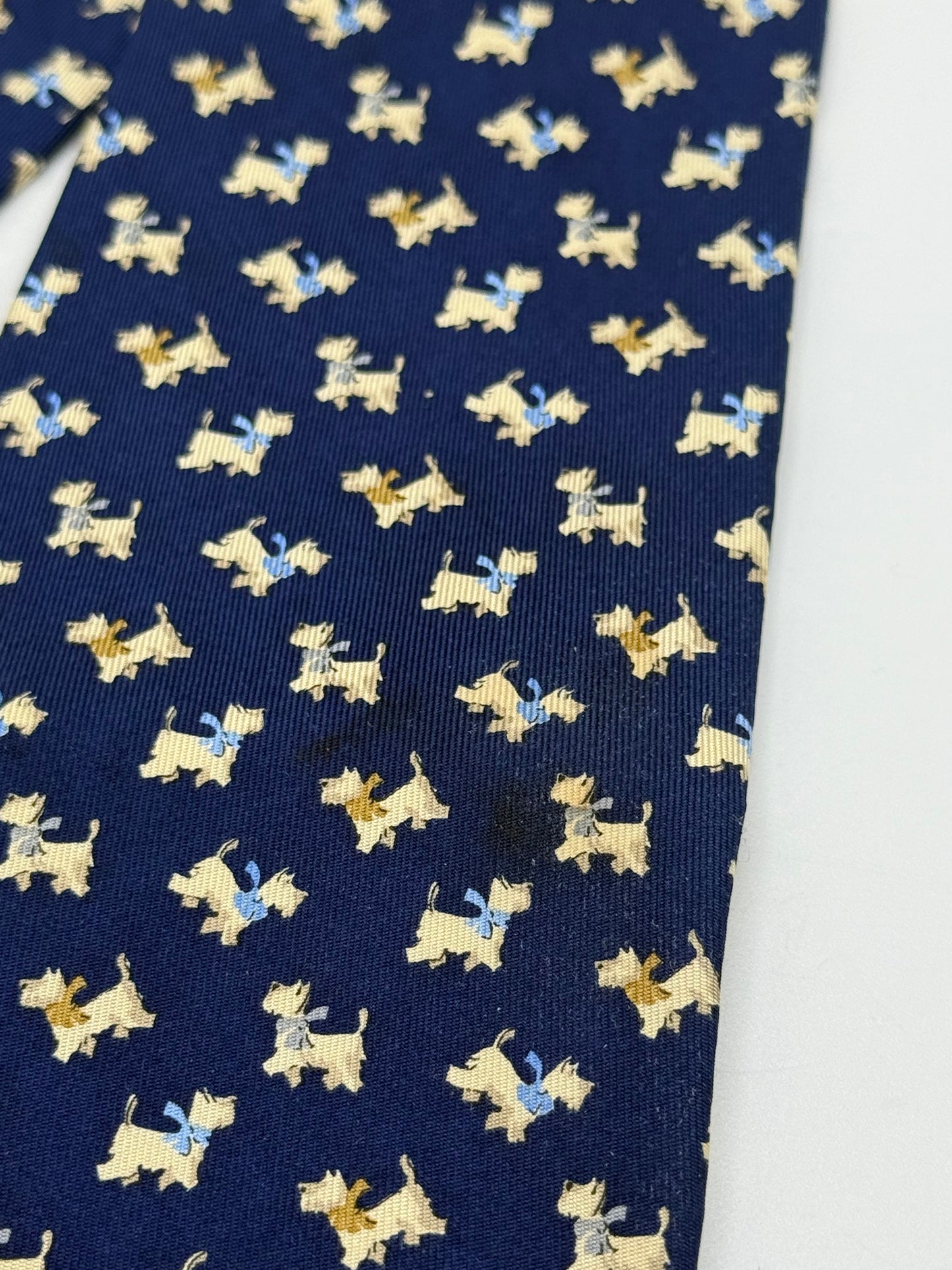 Dark blue small dog pattern silk tie