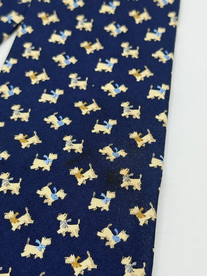 Dark blue small dog pattern silk tie