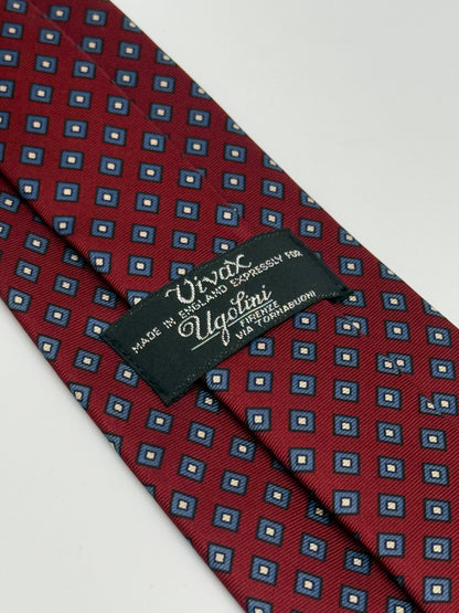 Burgundy silk tie small geometric pattern
