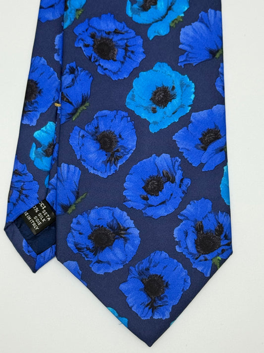 Dark blue large flower pattern silk tie