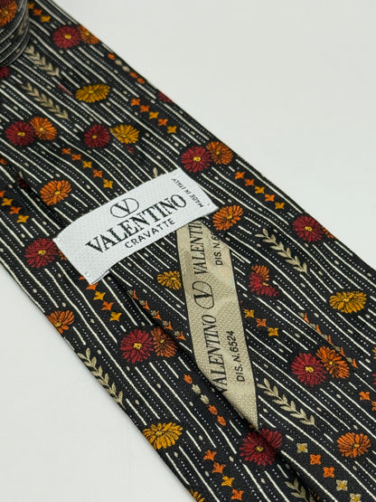 Black twill silk tie stripes and flower pattern