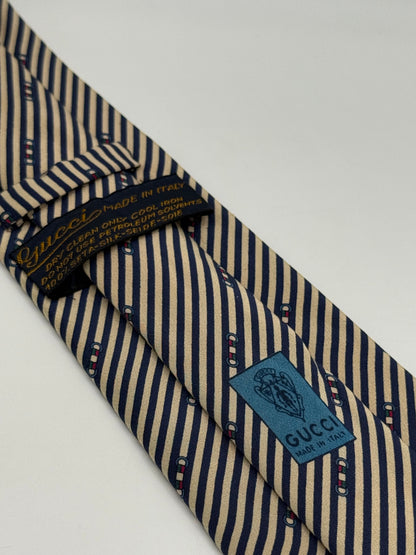 Cream and dark blue stripes silk tie