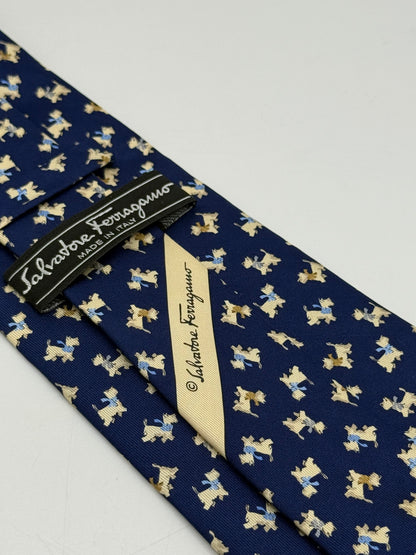 Dark blue small dog pattern silk tie